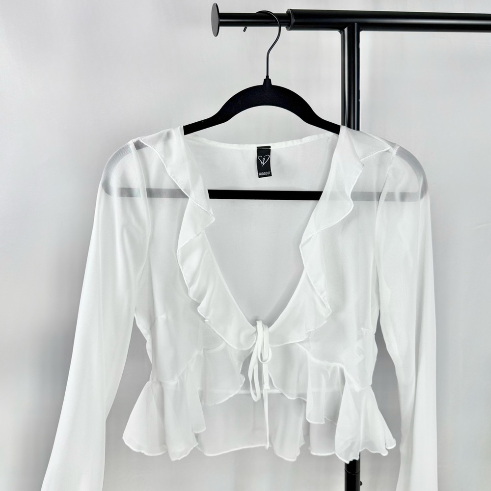 Sheer Ruffle Tie-Front Blouse | White | Size XS